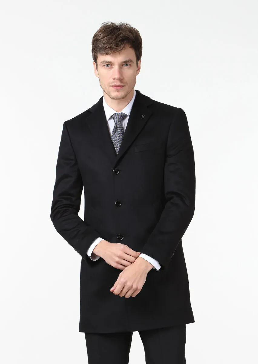 Black Regular Fit Butterfly Collar Classical Weaving Overcoat - 1