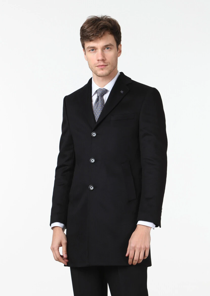 Black Regular Fit Butterfly Collar Classical Weaving Overcoat 