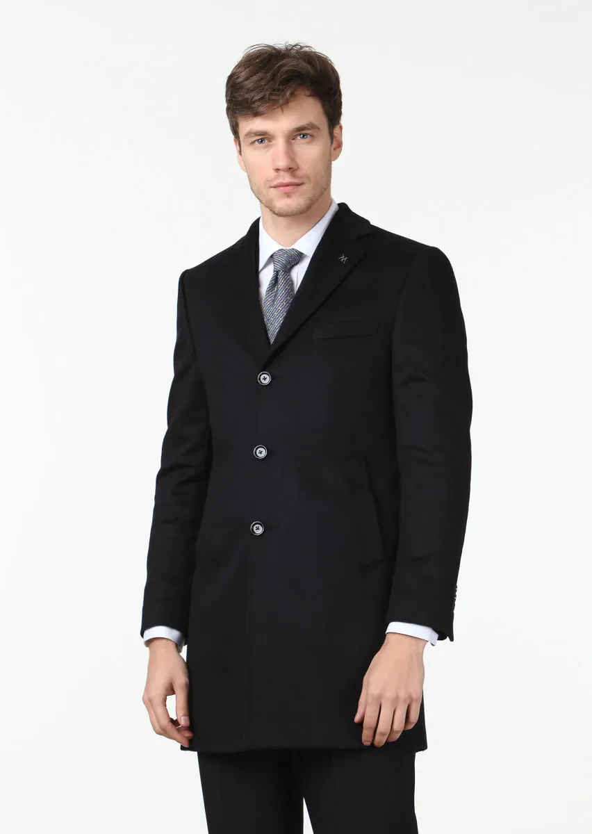 Black Regular Fit Butterfly Collar Classical Weaving Overcoat - 2