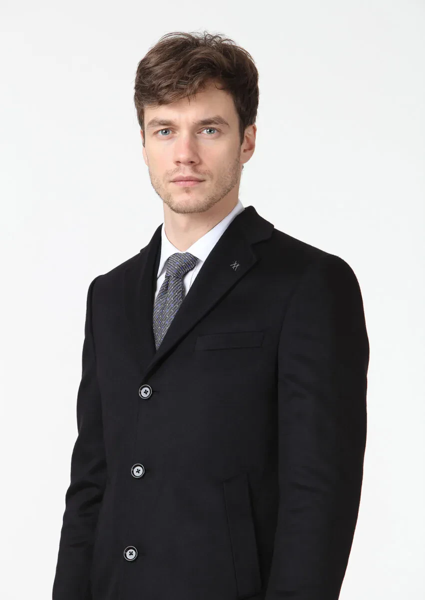 Black Regular Fit Butterfly Collar Classical Weaving Overcoat - 4