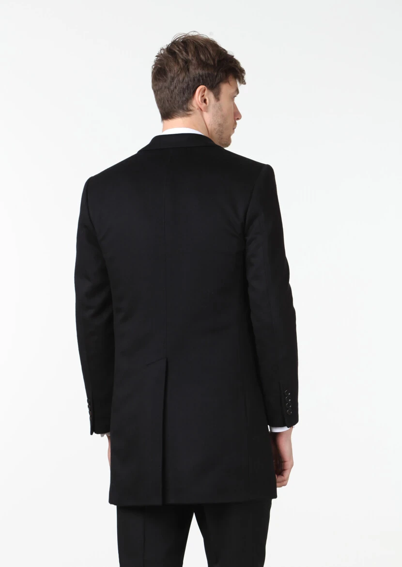 Black Regular Fit Butterfly Collar Classical Weaving Overcoat - 5