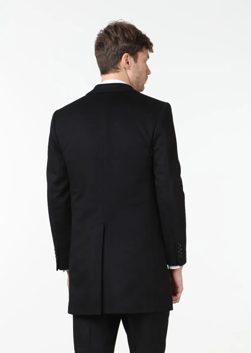 Black Regular Fit Butterfly Collar Classical Weaving Overcoat - 5