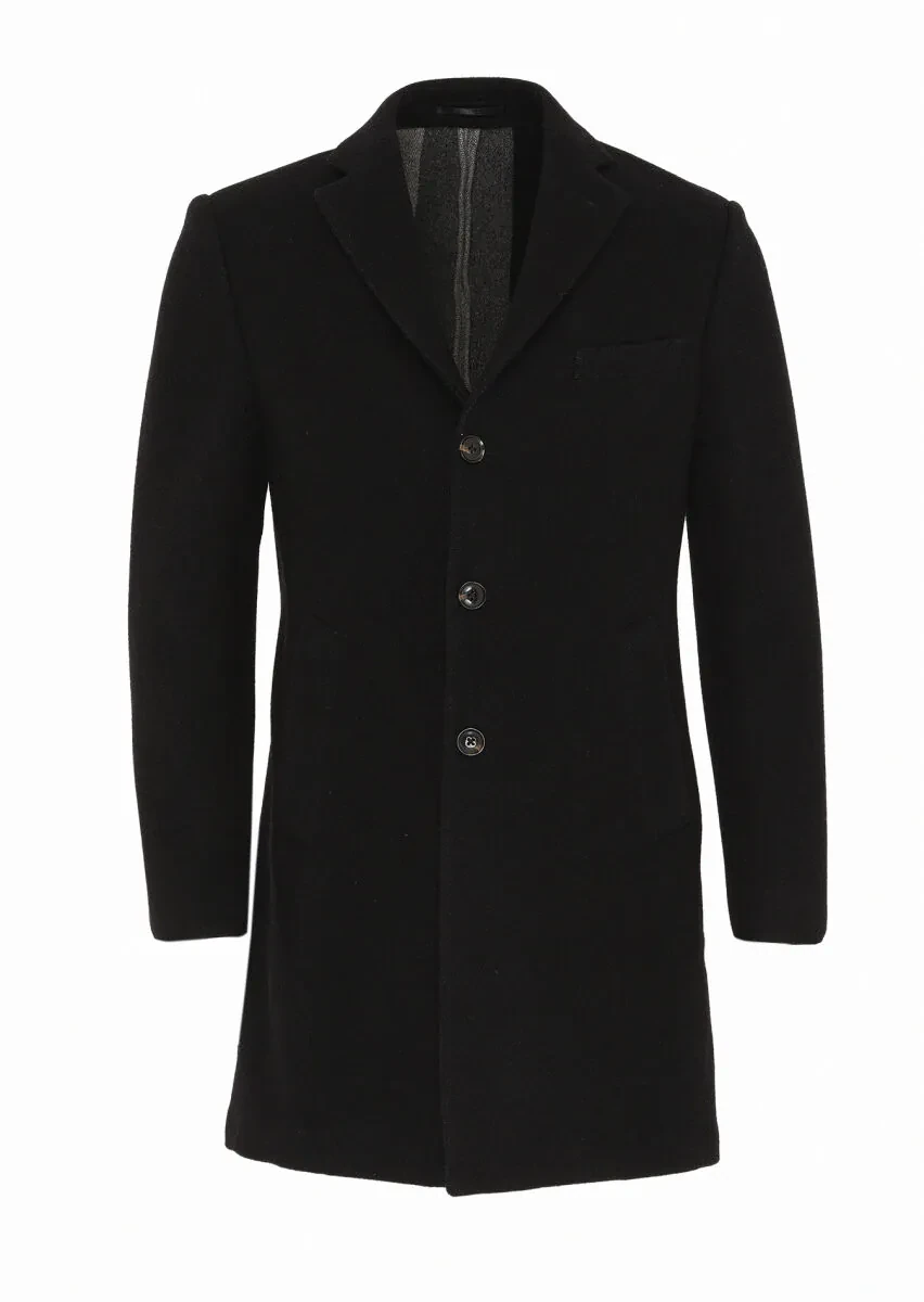 Black Regular Fit Butterfly Collar Classical Weaving Overcoat - 1