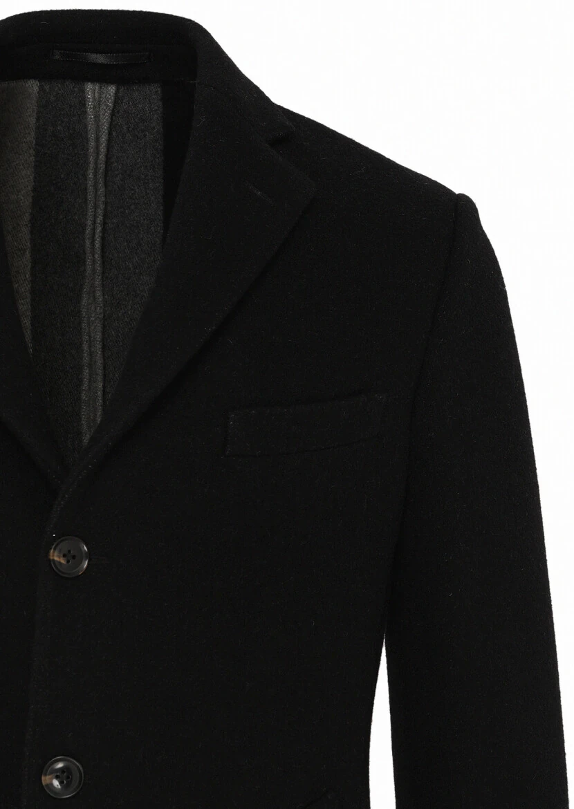 Black Regular Fit Butterfly Collar Classical Weaving Overcoat - 2