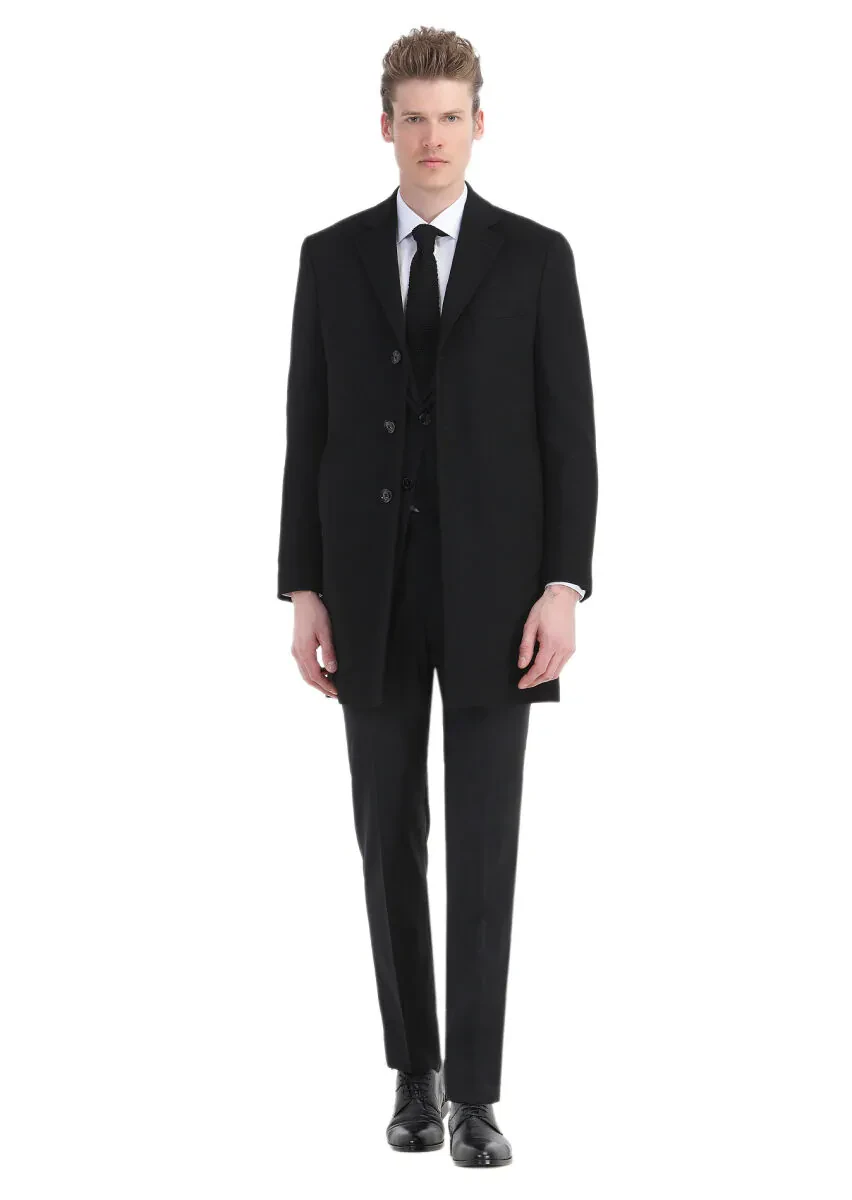Black Regular Fit Butterfly Collar Classical Weaving Overcoat - 1