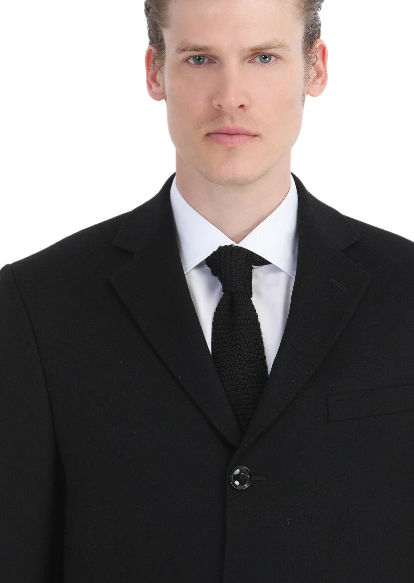 Black Regular Fit Butterfly Collar Classical Weaving Overcoat - 4