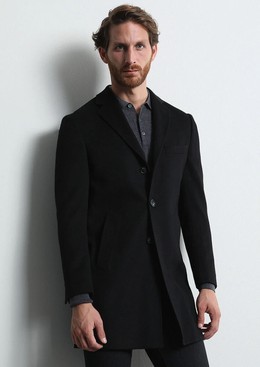 Black Regular Fit Butterfly Collar Classical Weaving Overcoat - 1