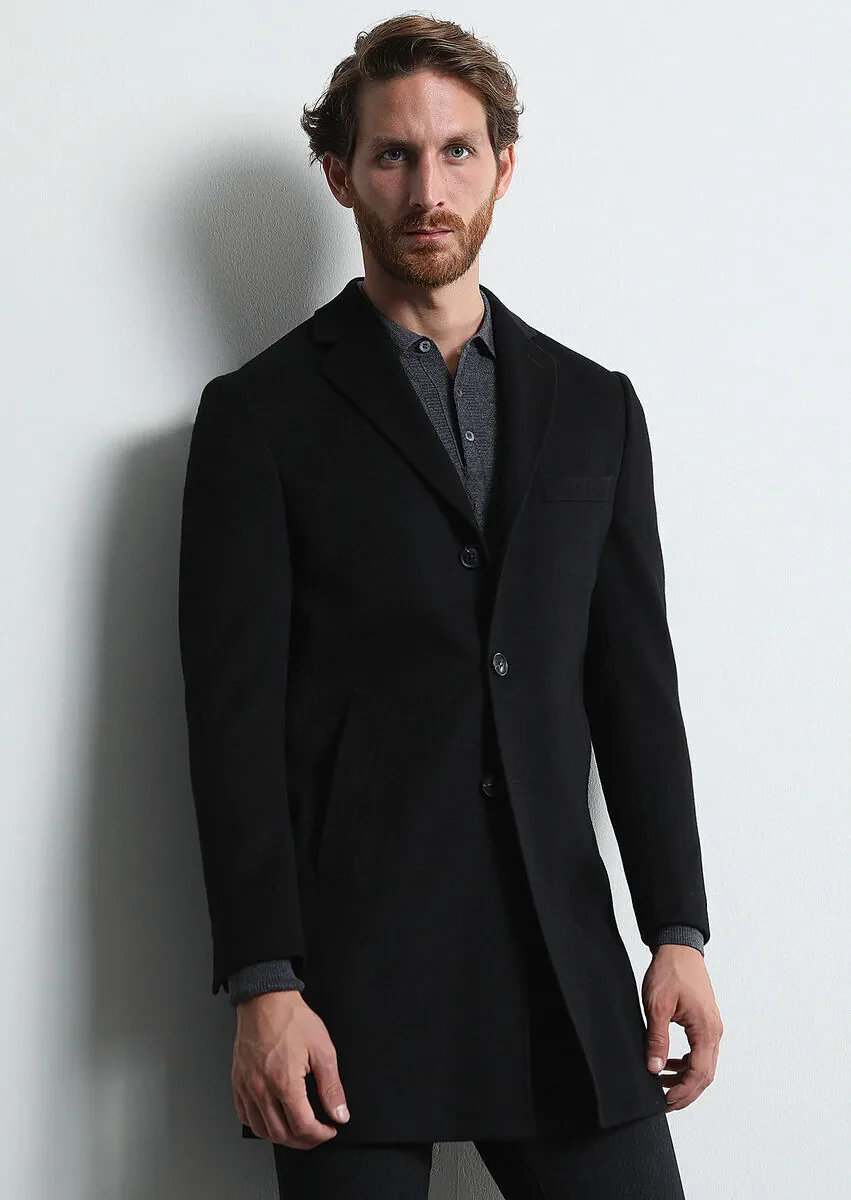 Black Regular Fit Butterfly Collar Classical Weaving Overcoat - 1