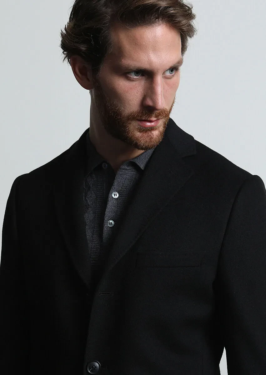 Black Regular Fit Butterfly Collar Classical Weaving Overcoat - 2