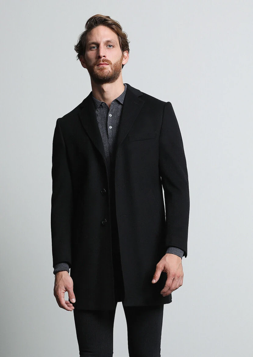 Black Regular Fit Butterfly Collar Classical Weaving Overcoat - 3