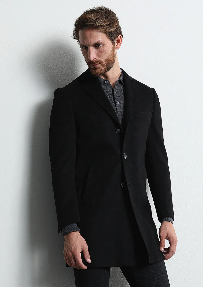 Black Regular Fit Butterfly Collar Classical Weaving Overcoat - 4