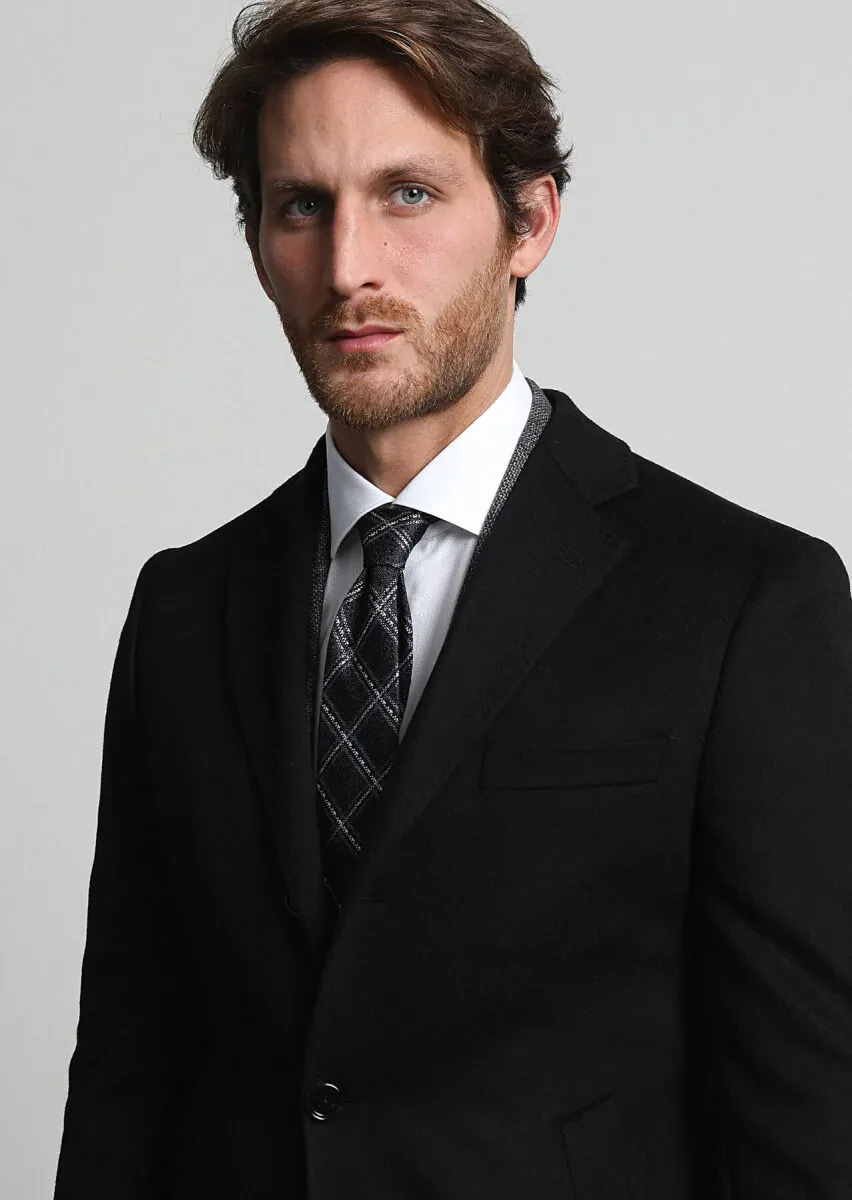 Black Regular Fit Butterfly Collar Classical Weaving Overcoat - 2