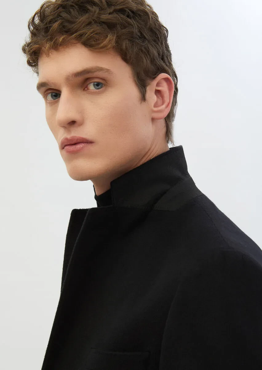 Black Regular Fit Butterfly Collar Classical Weaving Overcoat - 5