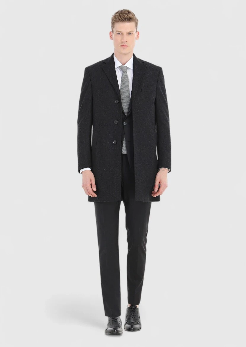 Black Regular Fit Butterfly Collar Classical Weaving Overcoat - 1