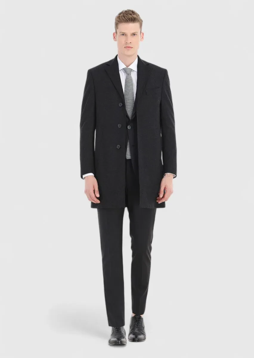 Black Regular Fit Butterfly Collar Classical Weaving Overcoat - 1