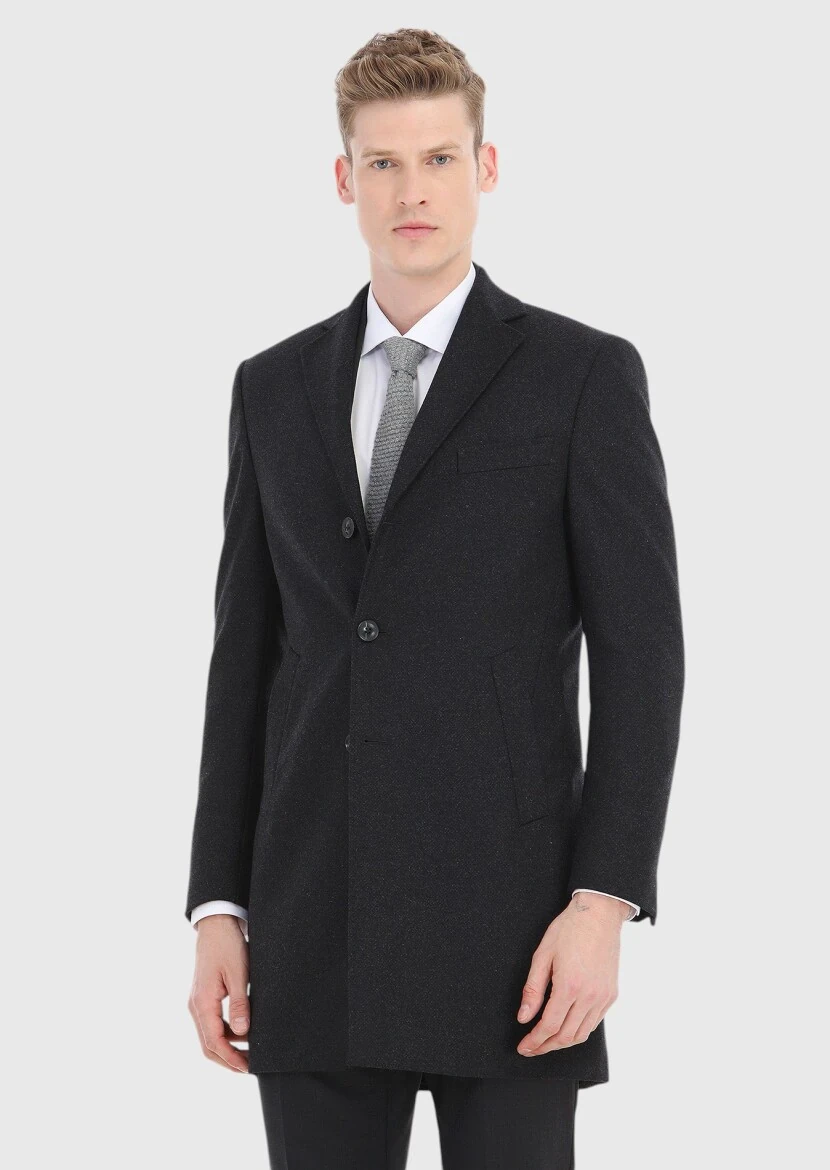 Black Regular Fit Butterfly Collar Classical Weaving Overcoat - 2