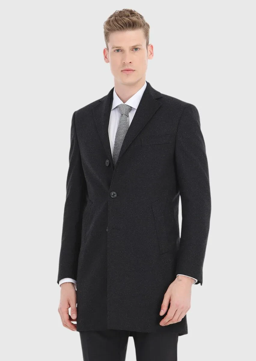 Black Regular Fit Butterfly Collar Classical Weaving Overcoat - 2