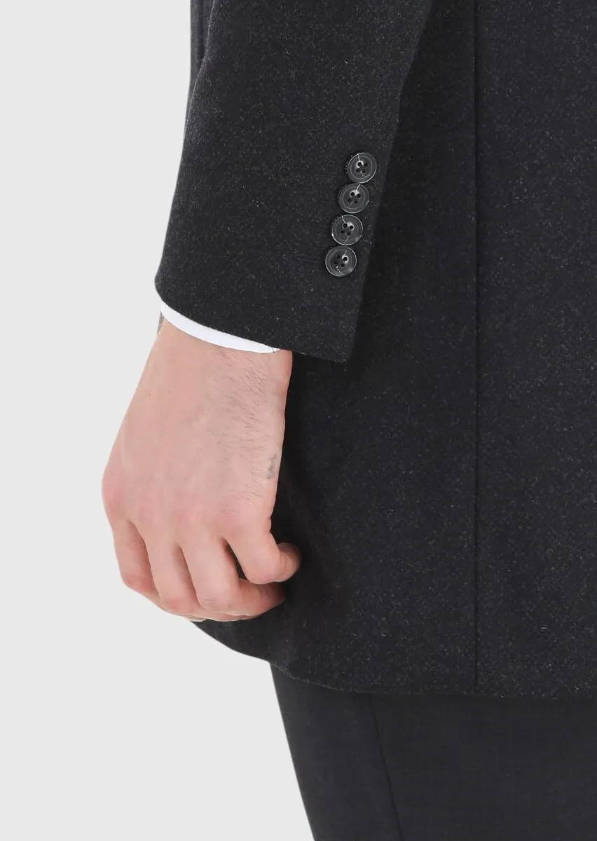 Black Regular Fit Butterfly Collar Classical Weaving Overcoat - 4