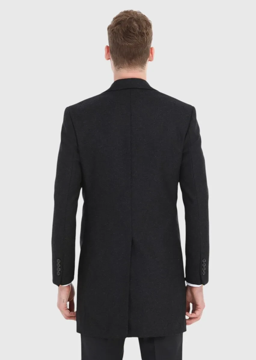 Black Regular Fit Butterfly Collar Classical Weaving Overcoat - 5