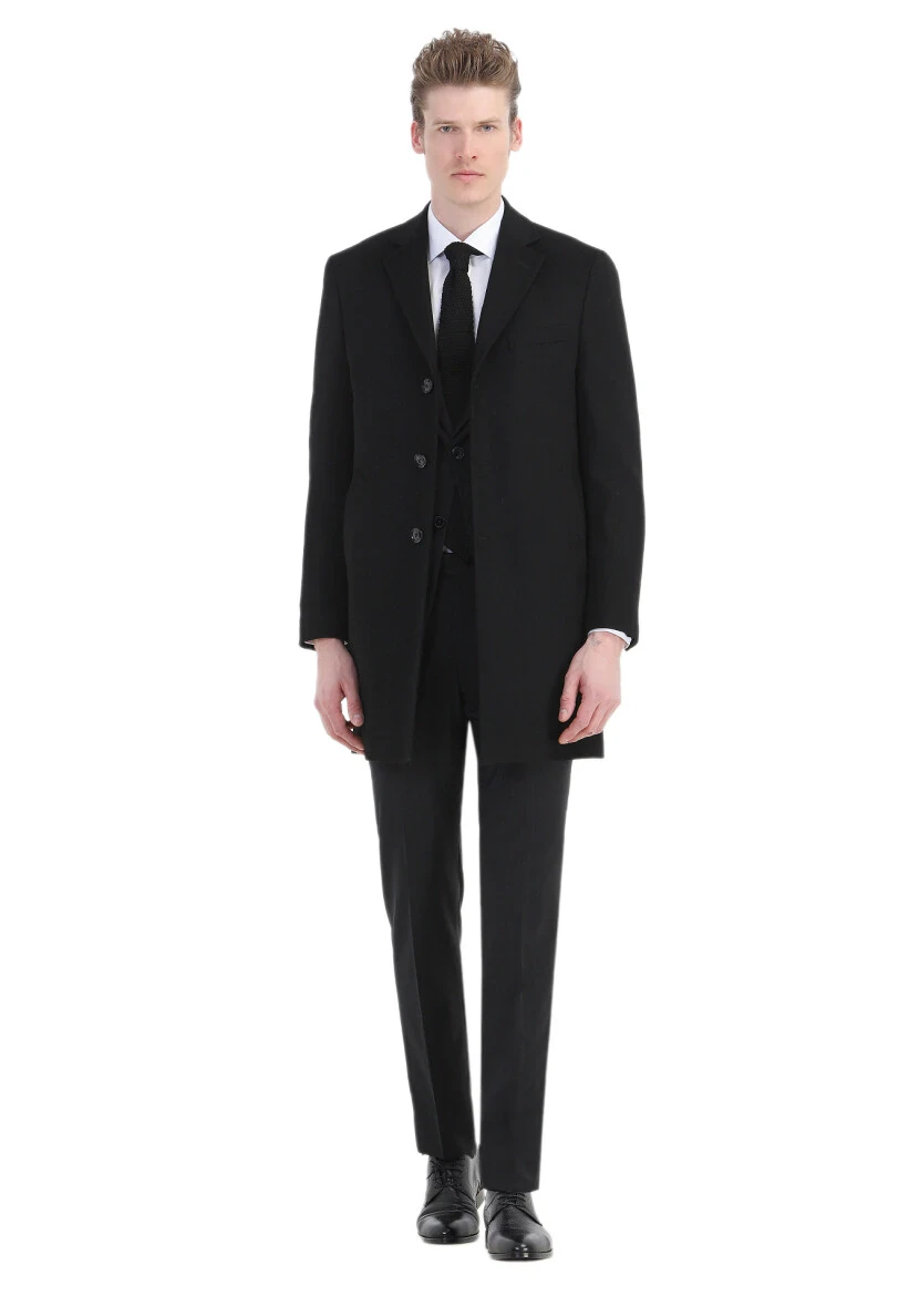 Black Regular Fit Butterfly Collar Classical Weaving Overcoat 