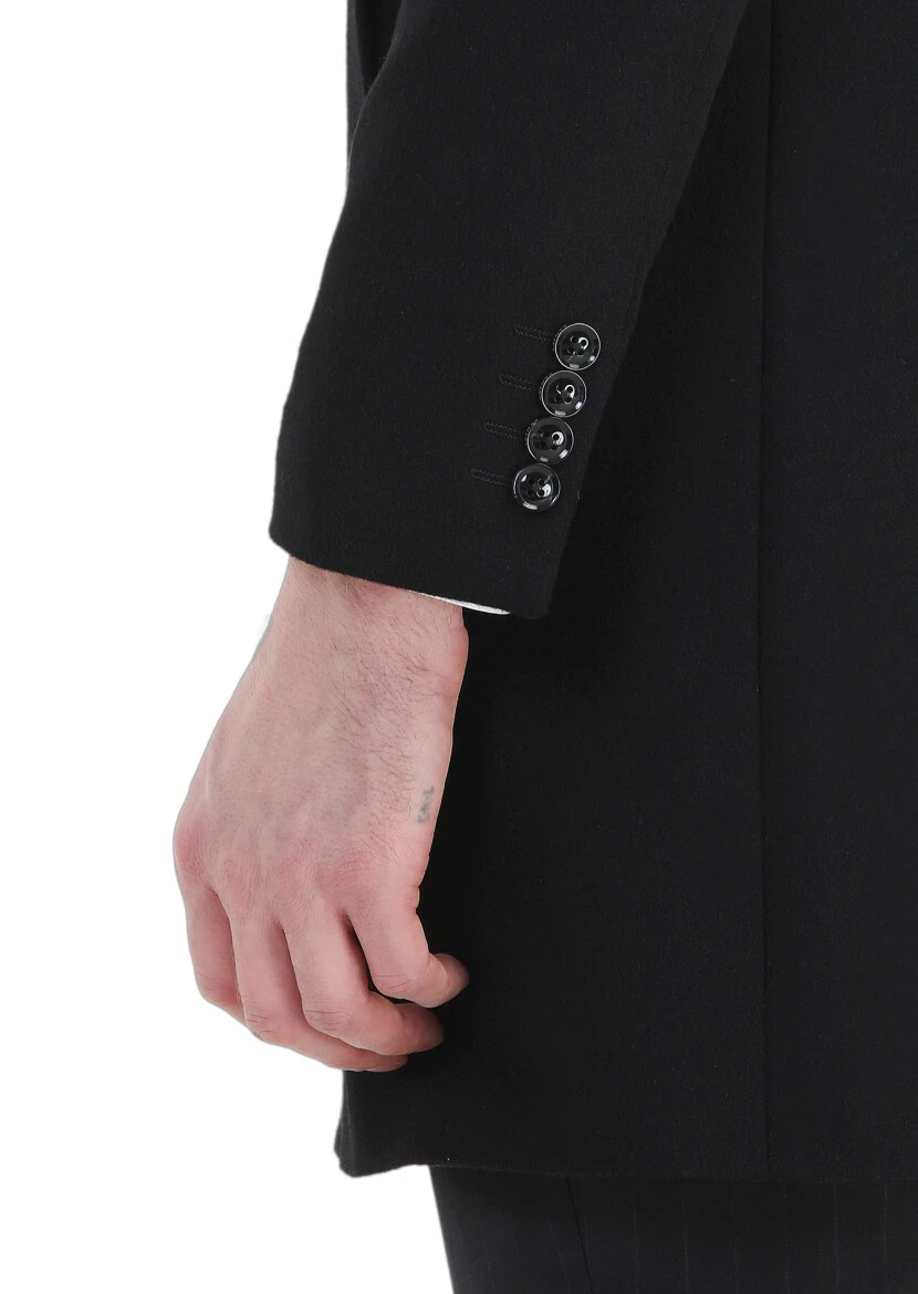 Black Regular Fit Butterfly Collar Classical Weaving Overcoat - 6