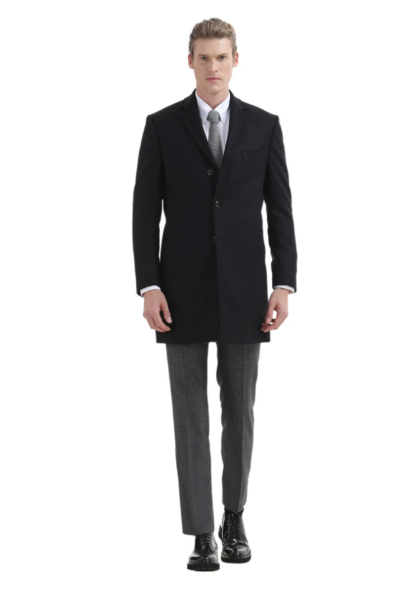 Black Regular Fit Butterfly Collar Classical Weaving Overcoat - 1