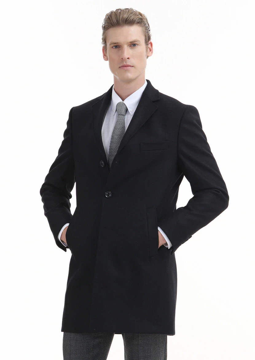 Black Regular Fit Butterfly Collar Classical Weaving Overcoat - 2