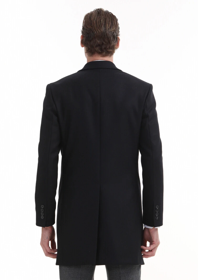 Black Regular Fit Butterfly Collar Classical Weaving Overcoat - 6