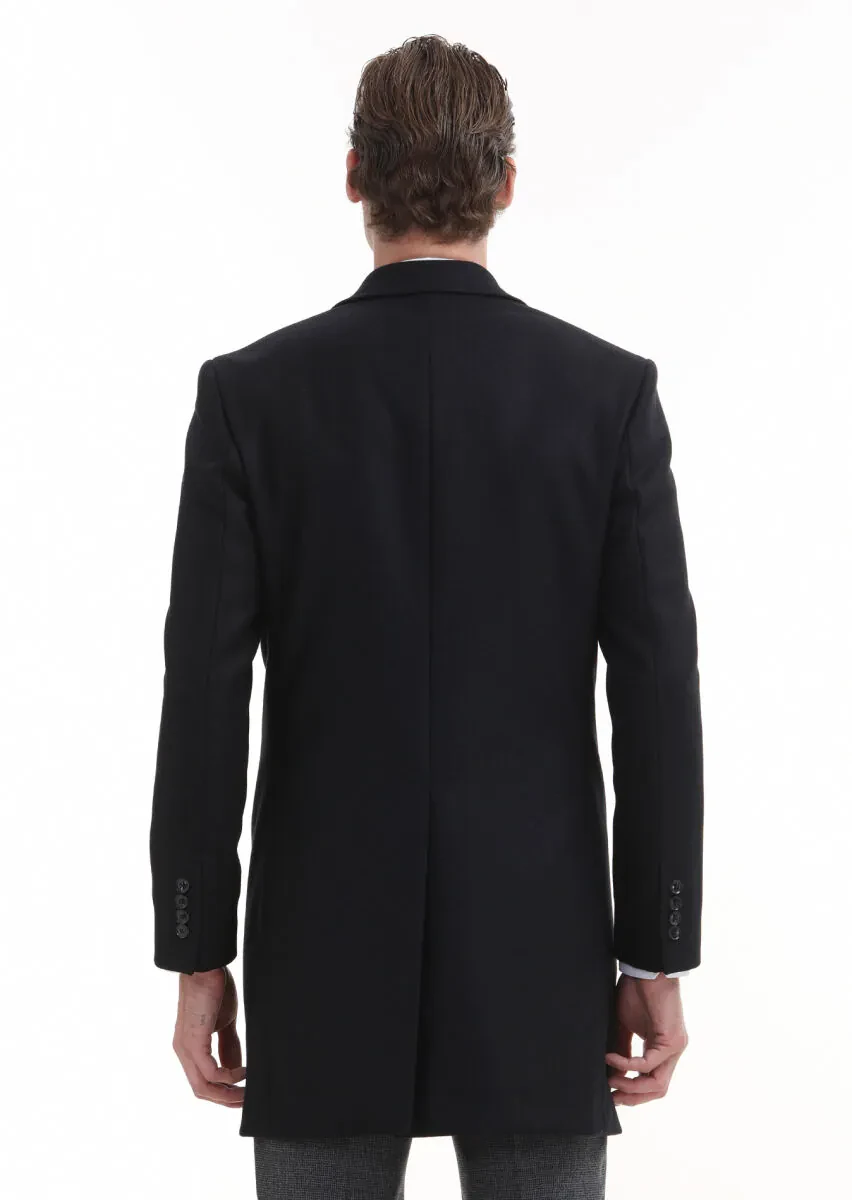 Black Regular Fit Butterfly Collar Classical Weaving Overcoat - 6