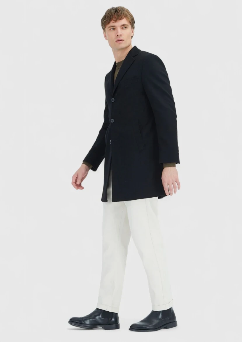Black Regular Fit Butterfly Collar Classical Weaving Overcoat - RAMSEY