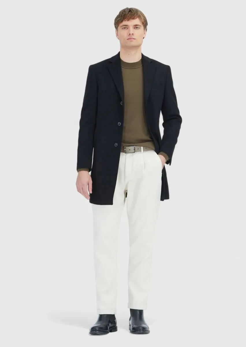 Black Regular Fit Butterfly Collar Classical Weaving Overcoat - 3