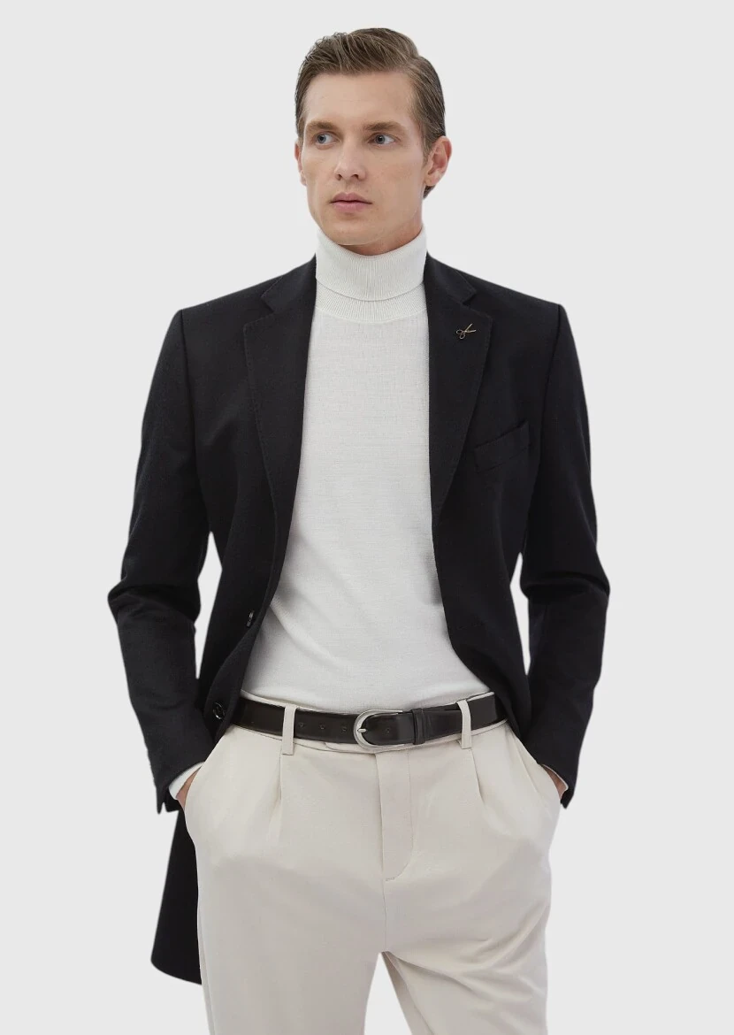 Black Regular Fit Butterfly Collar Classical Weaving Overcoat - 1