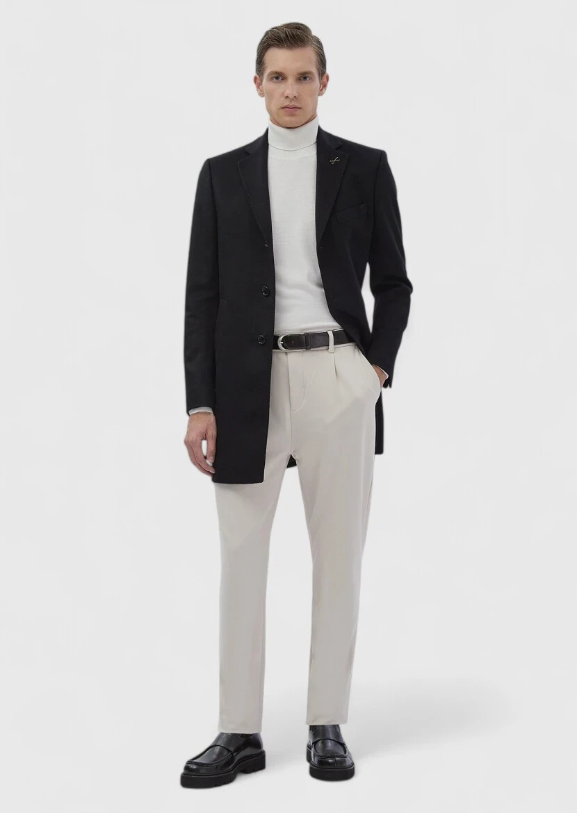 Black Regular Fit Butterfly Collar Classical Weaving Overcoat - 3