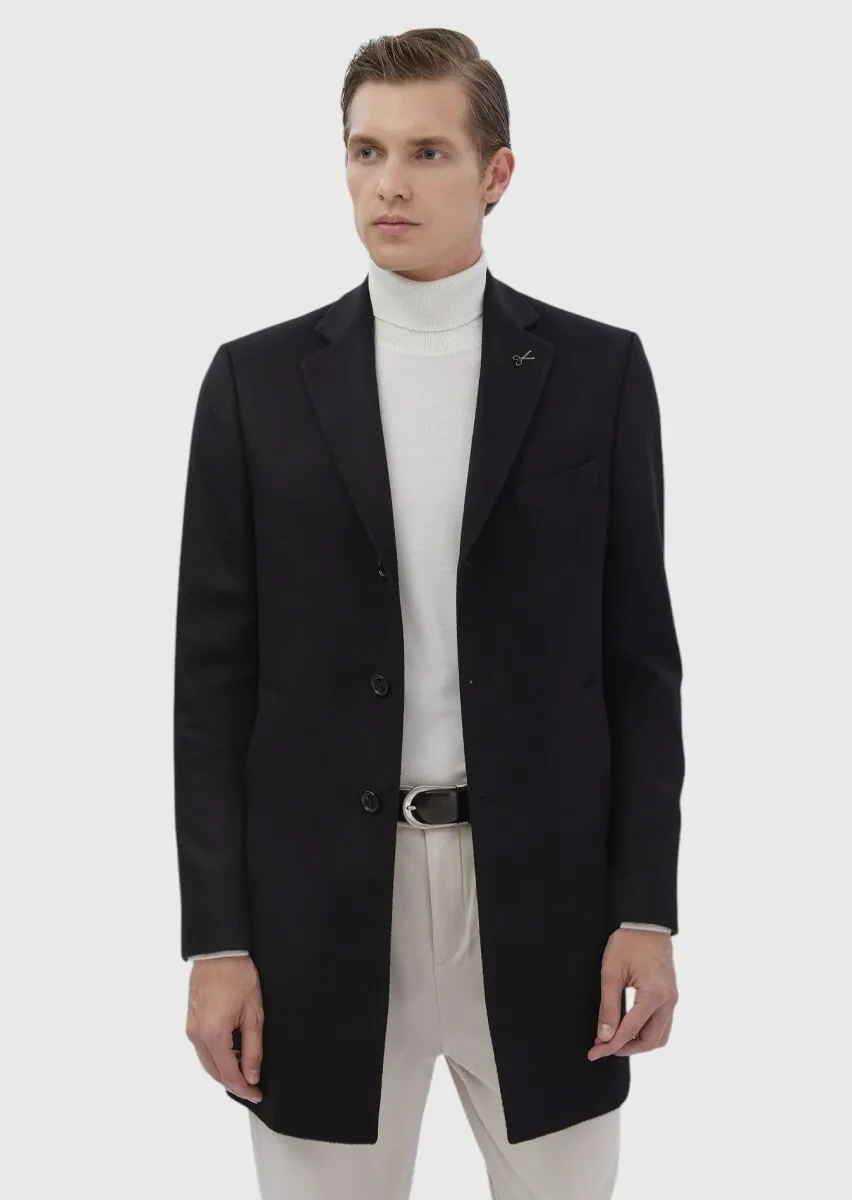 Black Regular Fit Butterfly Collar Classical Weaving Overcoat - 4