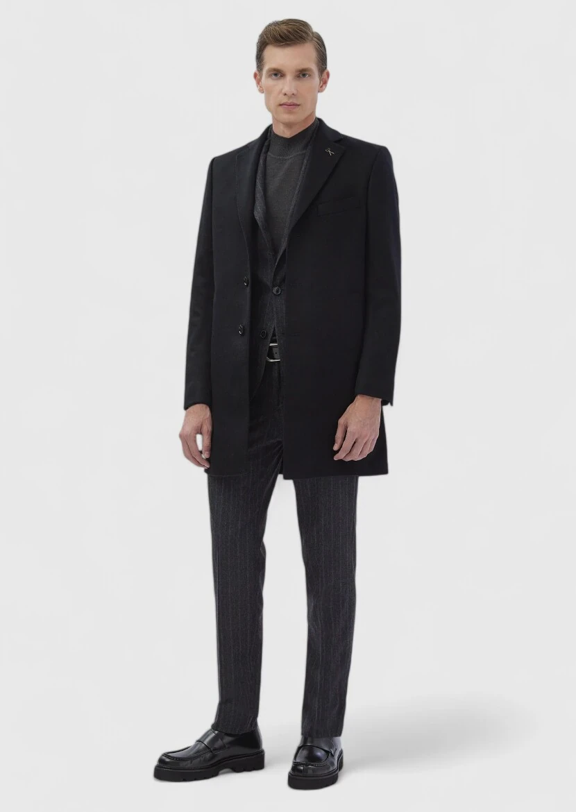 Black Regular Fit Butterfly Collar Classical Weaving Overcoat - 5