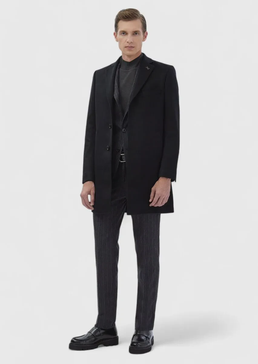 Black Regular Fit Butterfly Collar Classical Weaving Overcoat - 5