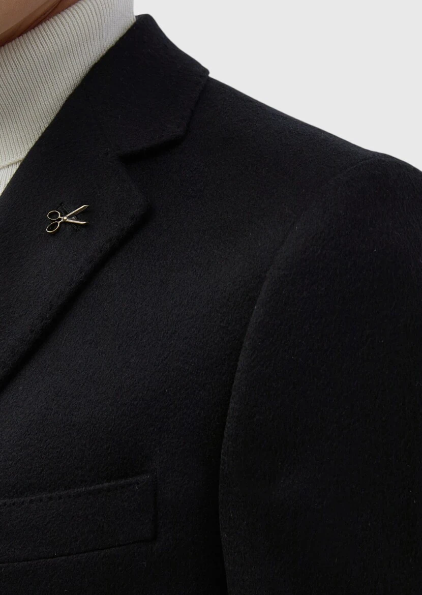 Black Regular Fit Butterfly Collar Classical Weaving Overcoat - 7