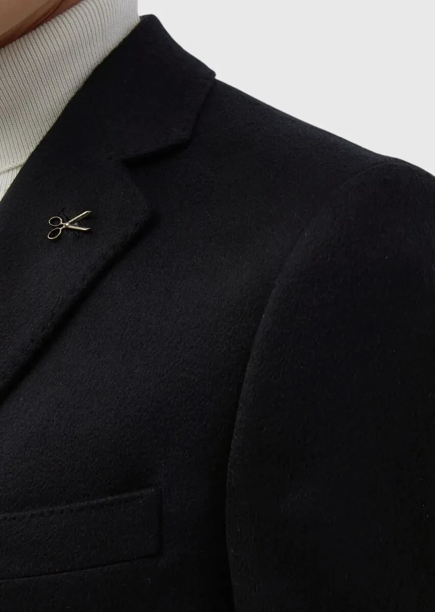 Black Regular Fit Butterfly Collar Classical Weaving Overcoat - 7