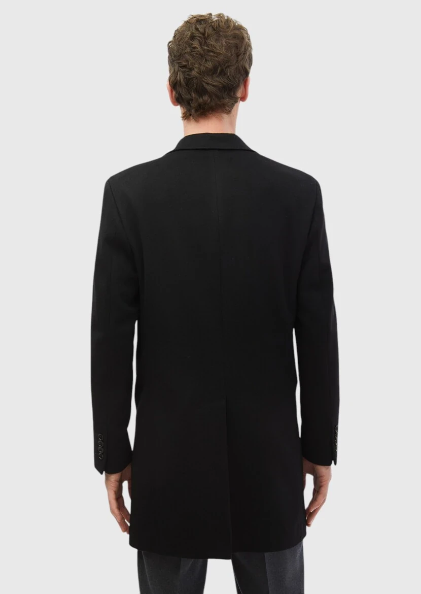 Black Regular Fit Butterfly Collar Classical Weaving Overcoat - 5