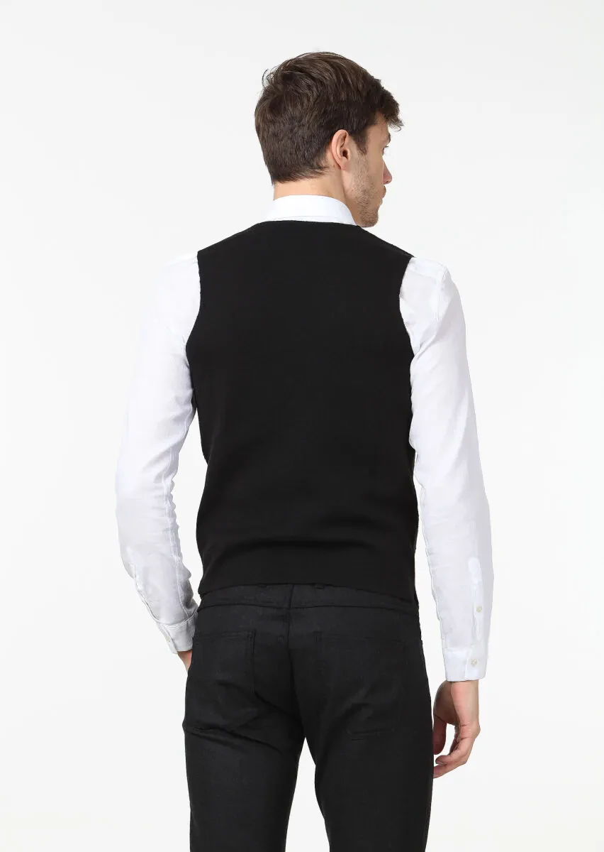 Black Regular Fit Casual Knitting Knit Vest - 4