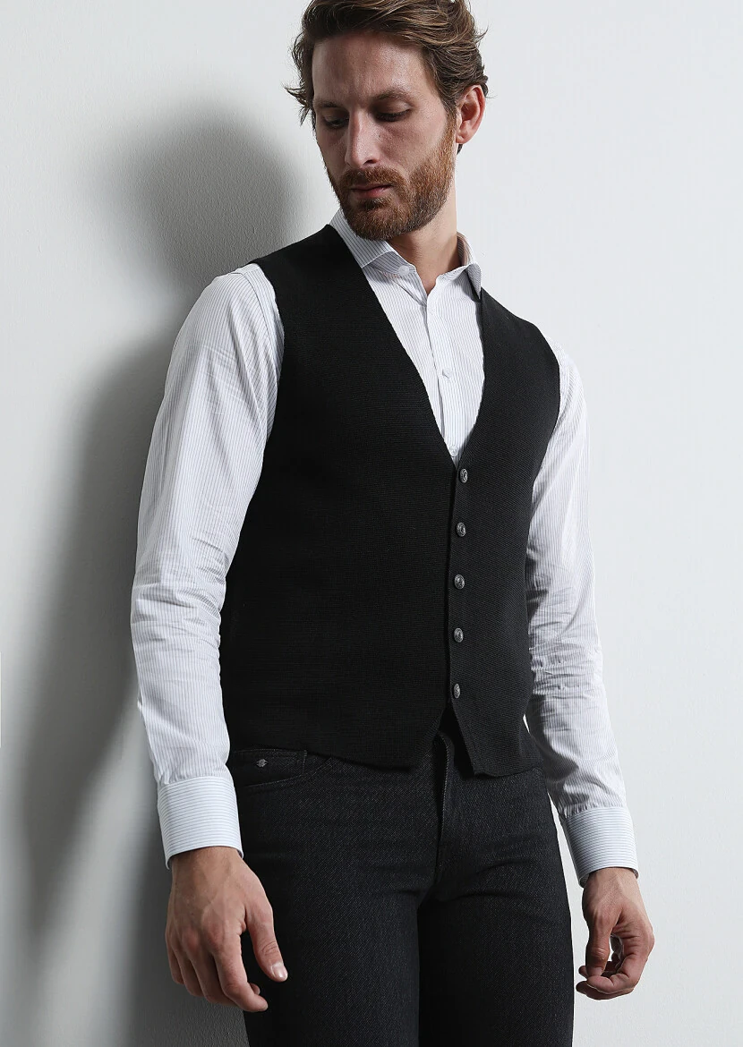 Black Regular Fit Casual Knitting Knit Vest - 1