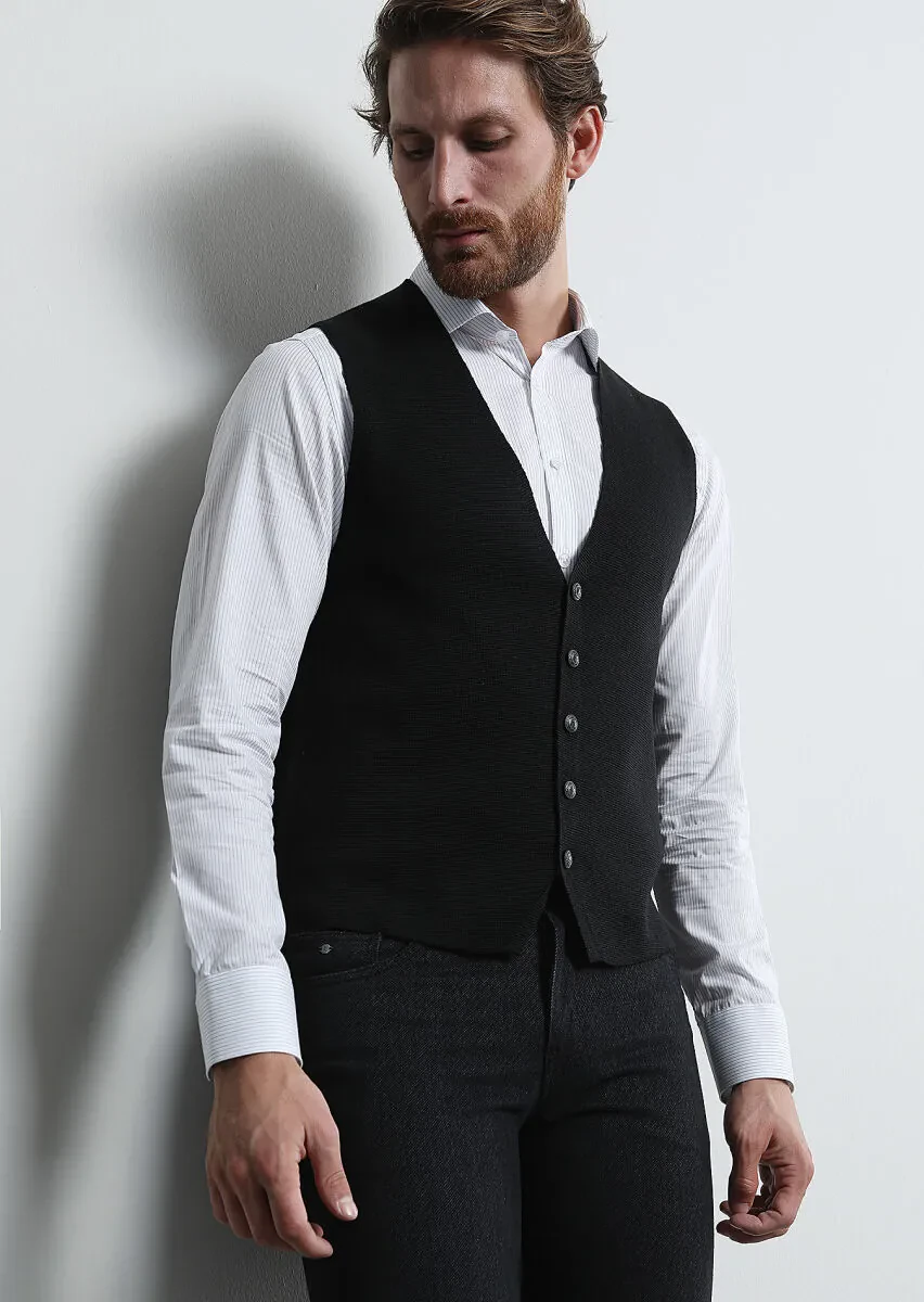 Black Regular Fit Casual Knitting Knit Vest - 1