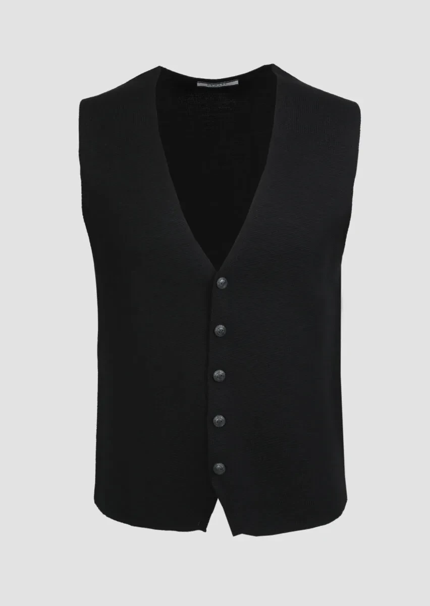 Black Regular Fit Casual Knitting Knit Vest - 6