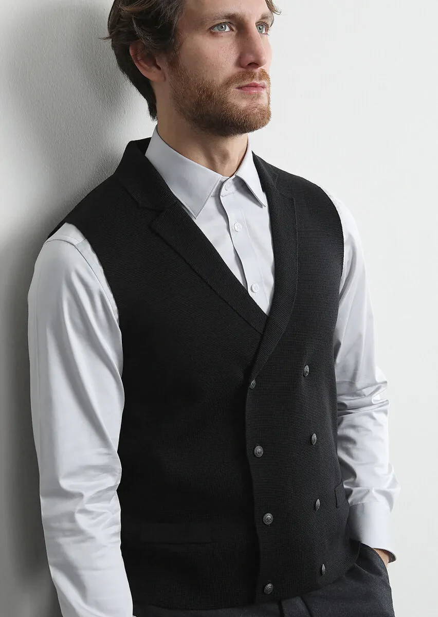 Black Regular Fit Casual Knitting Knit Vest - 1