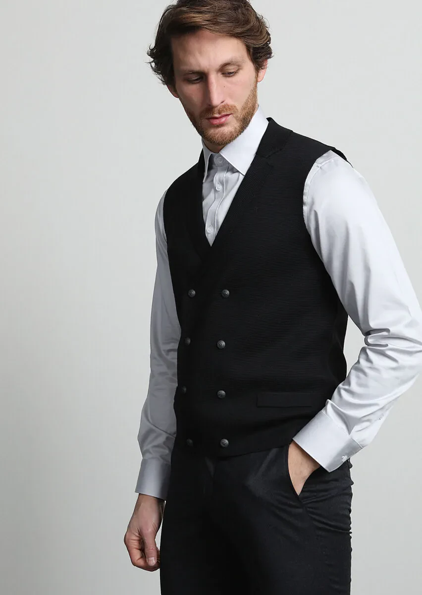 Black Regular Fit Casual Knitting Knit Vest - 3