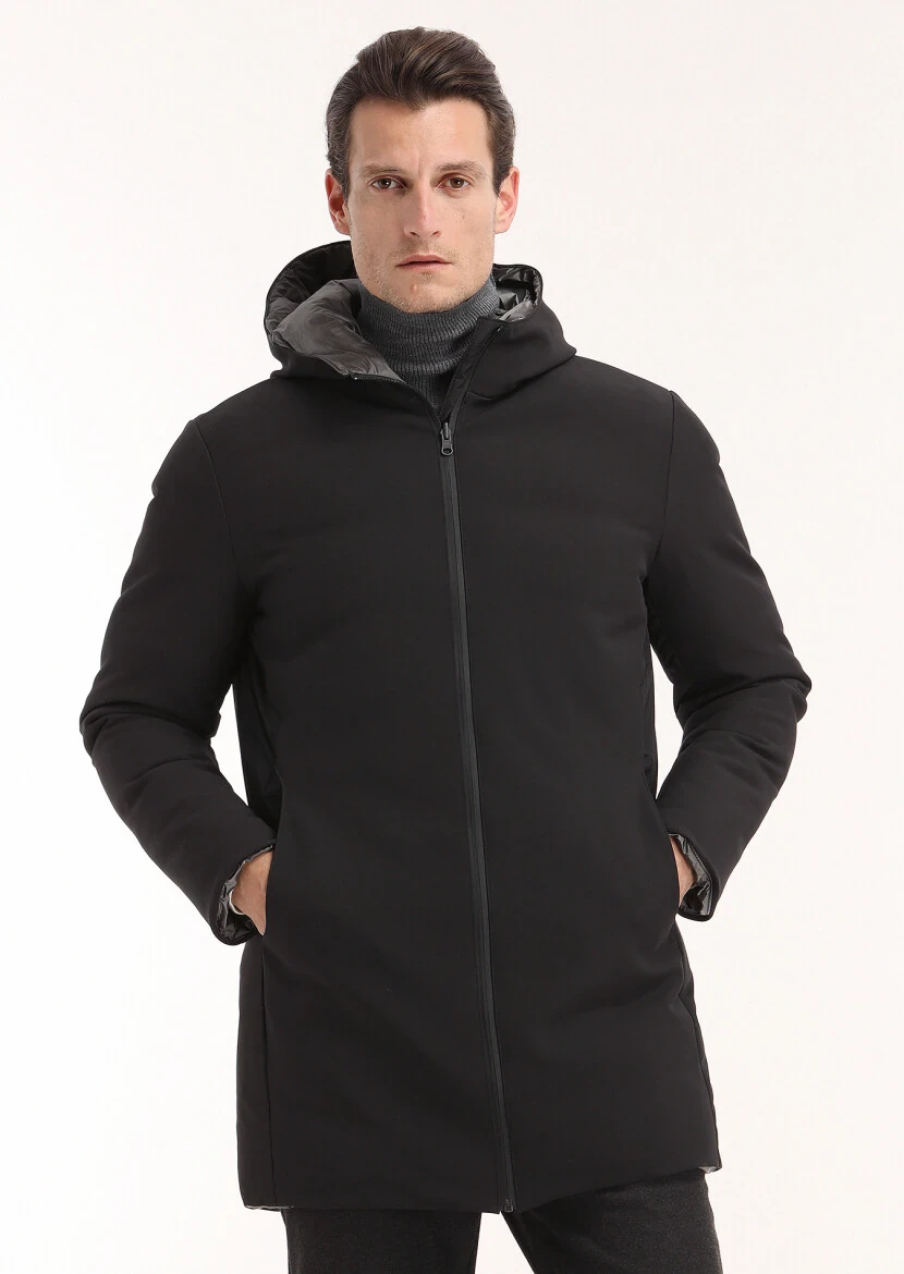 Black Regular Fit Casual Weaving Double Sided Puffer Coat - 2