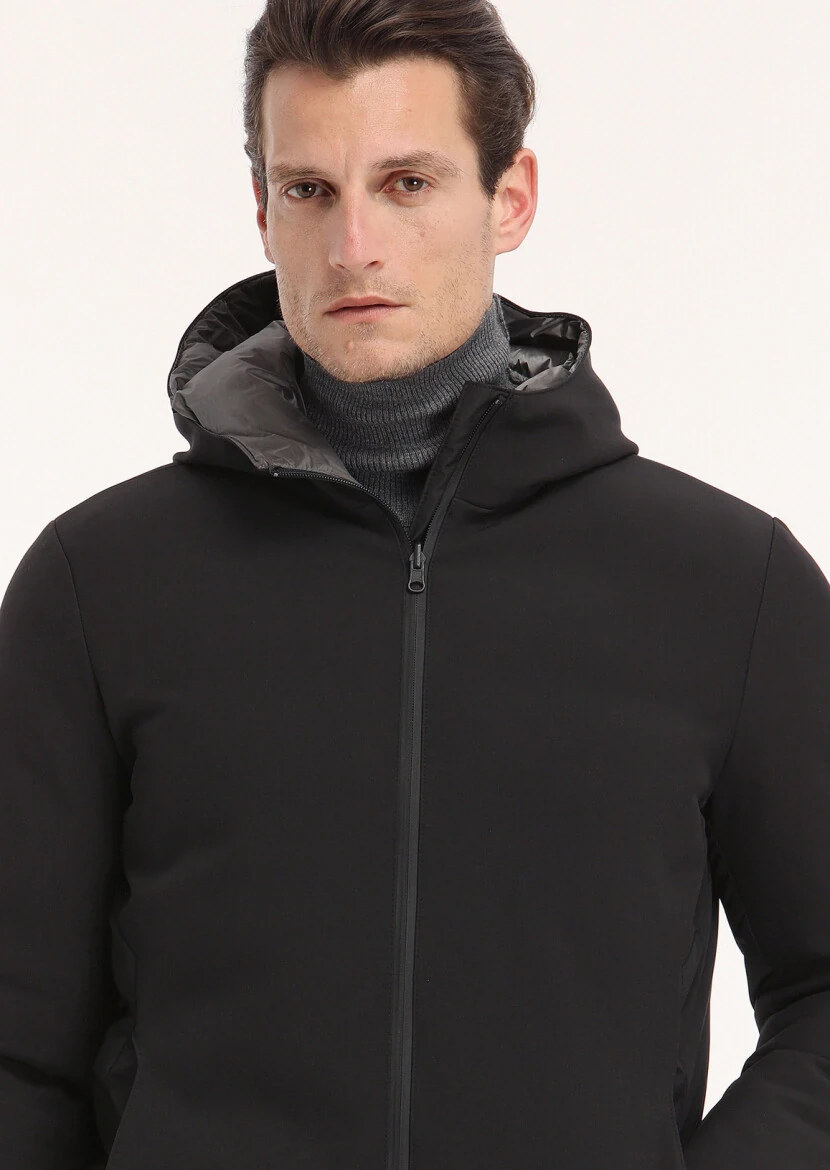 Black Regular Fit Casual Weaving Double Sided Puffer Coat - 5