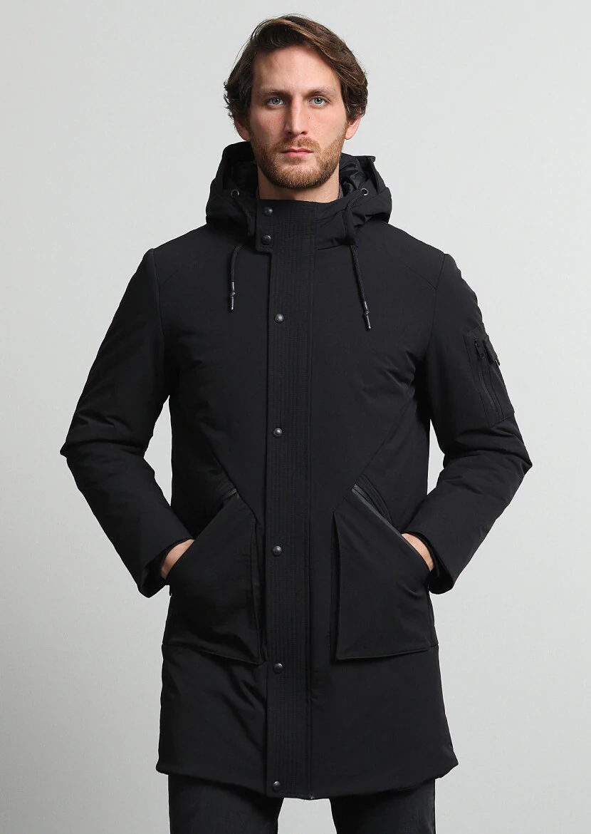 Black Regular Fit Casual Weaving Removable Hood Coat - 1