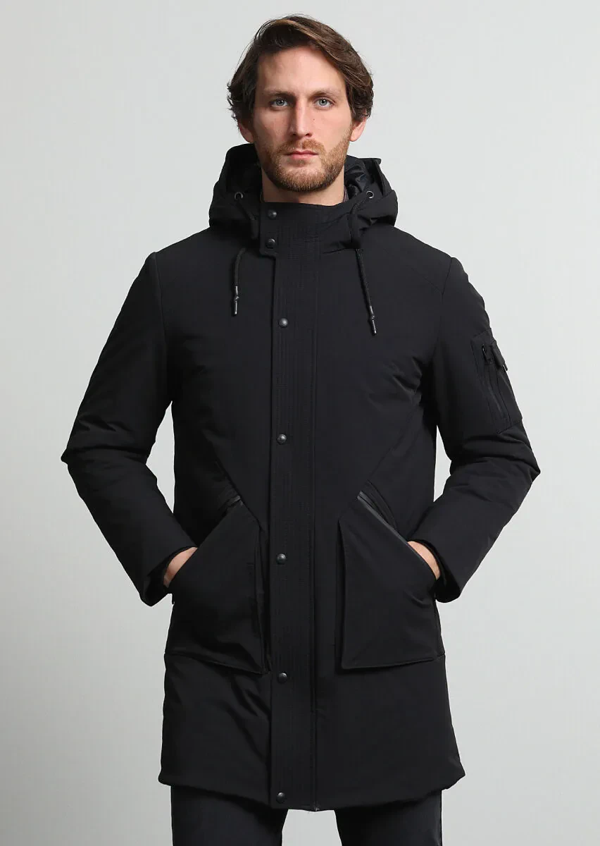 Black Regular Fit Casual Weaving Removable Hood Coat - 1