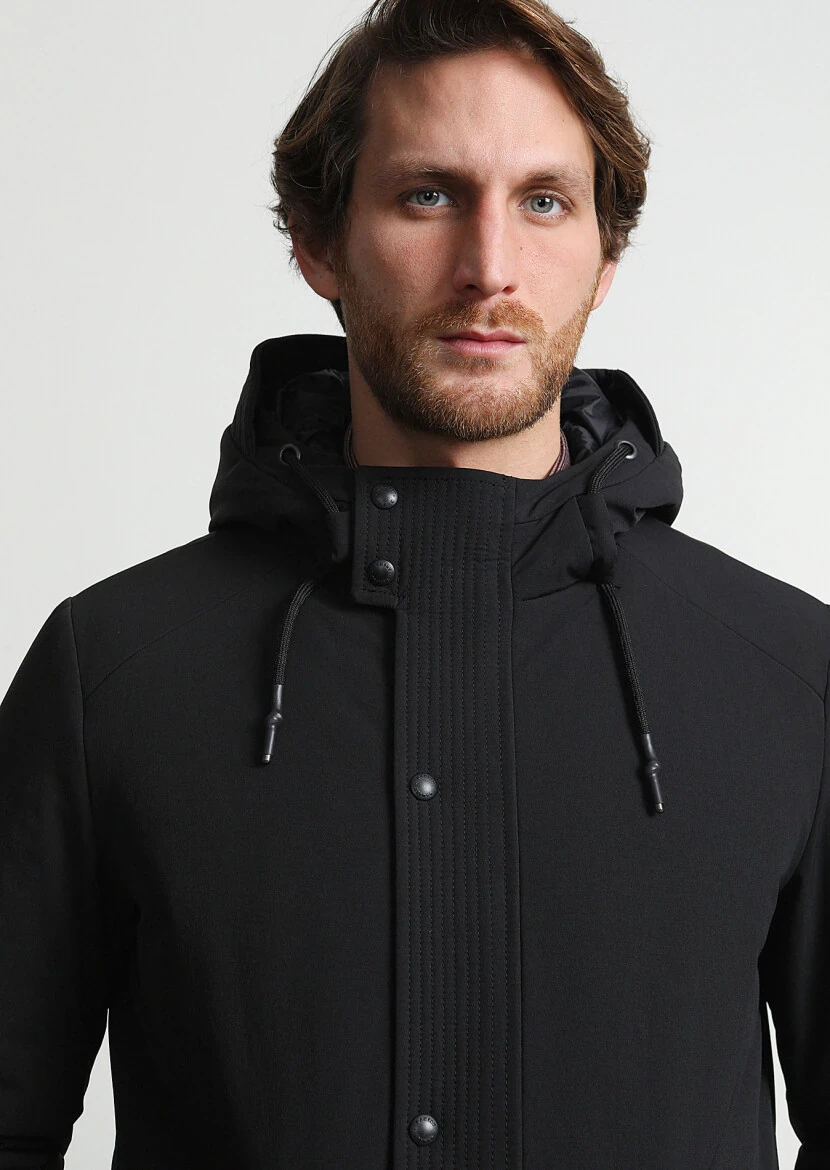 Black Regular Fit Casual Weaving Removable Hood Coat - 2